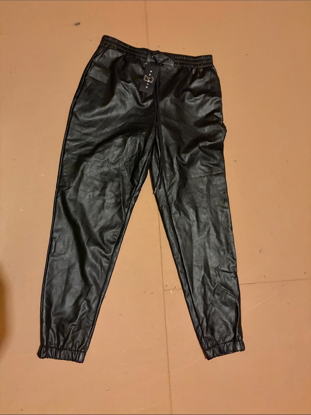 Women's Black Faux Leather Joggers with Elastic Waist
